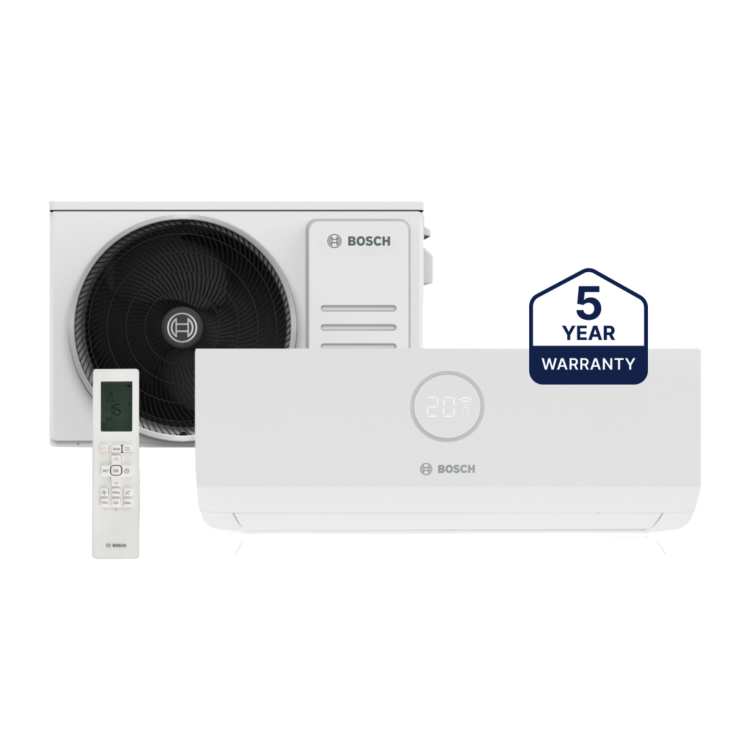 Bosch air conditioning system with indoor unit, outdoor unit and remote