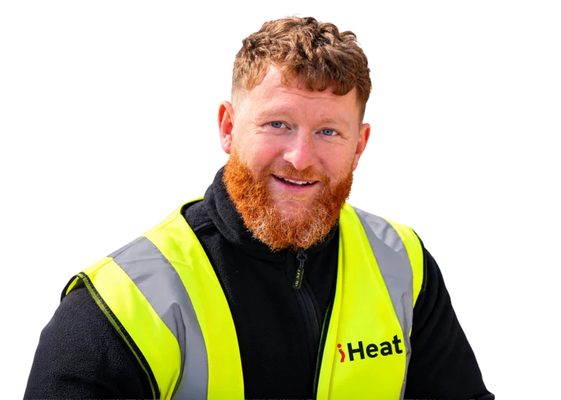 An iHeat installer wearing a branded high-visibility vest